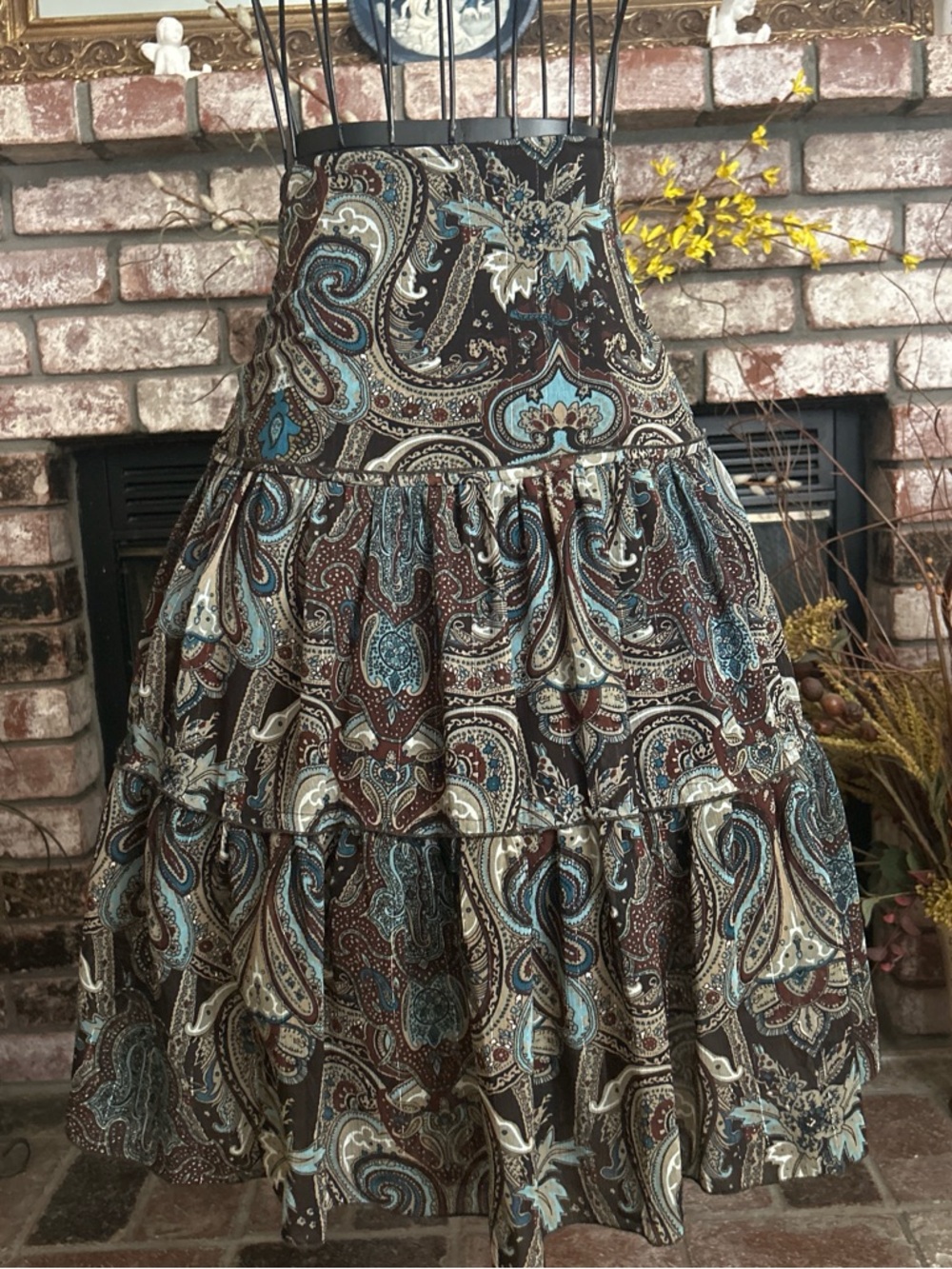 Baranda Blue and brown paisley tiered mini skirt Sz XL